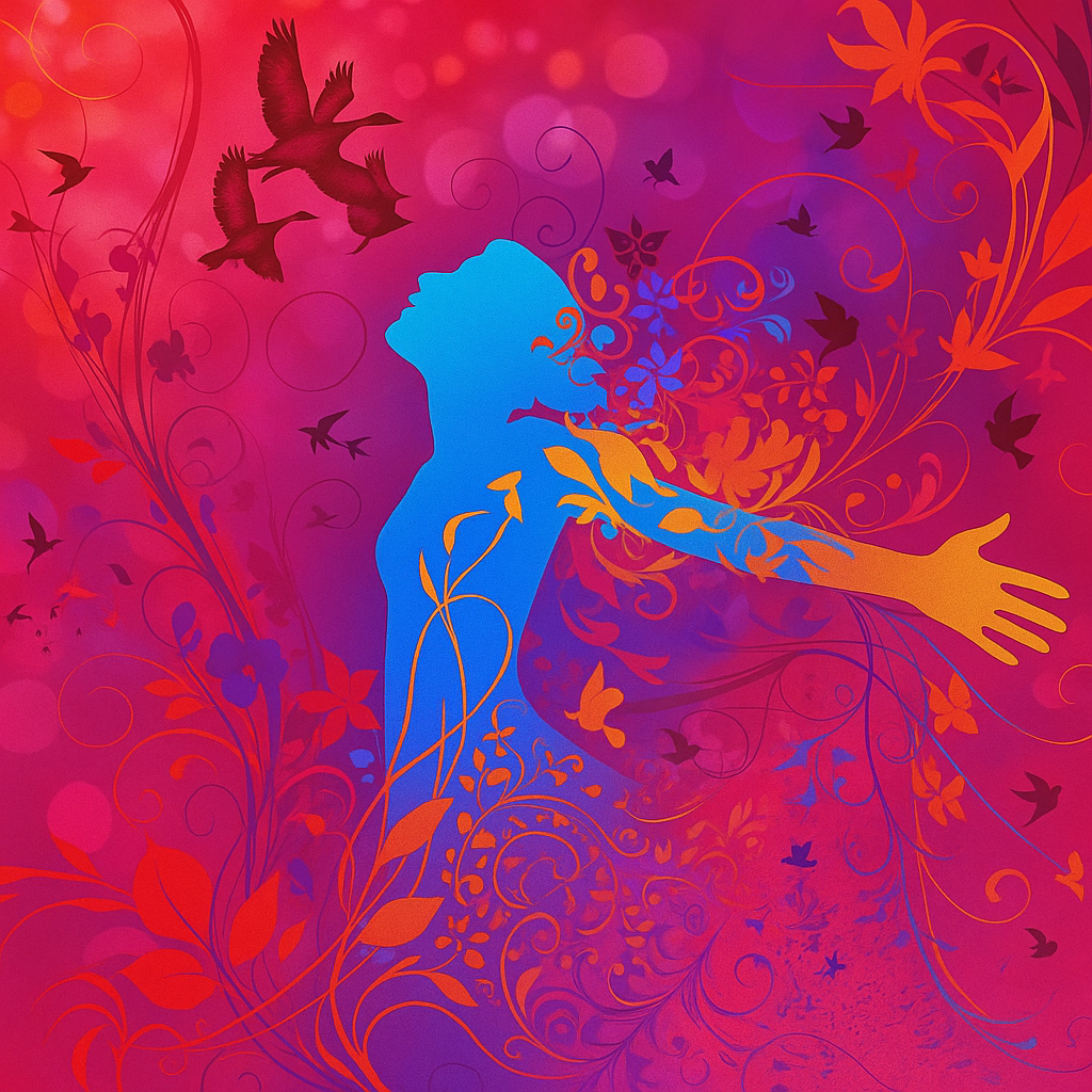 A vibrant artistic depiction of a silhouetted figure in blue, arms outstretched amidst colorful floral and vine designs, with birds flying overhead against a gradient pink and purple background.